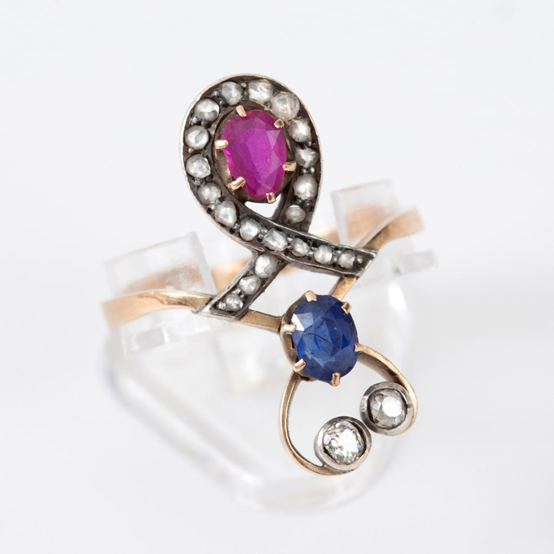 A Fine Belle Epoque 14K Gold Sapphire Ruby and Diamond Ring, Late 19th Century (1 of 4)