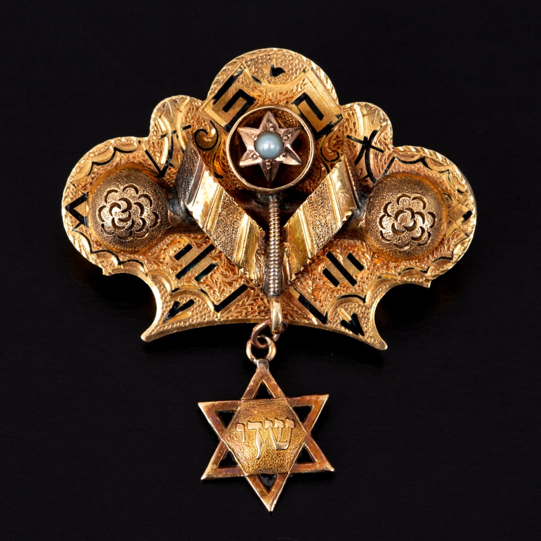 An Impressive Antique Yellow Gold and Niello Jewish Brooch: An Impressive Antique Yellow Gold and Niello Jewish Brooch Handmade with fine niello work and hand carved details throughout the brooch, containing Jewish iconography including the Star of David and&n