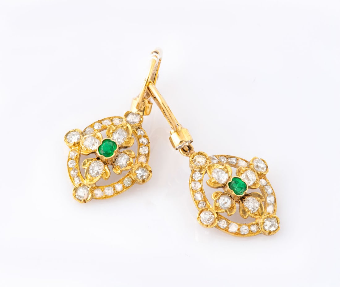 A Pair of French Victorian 18K Gold Emerald and Diamond Earrings (1 of 4)
