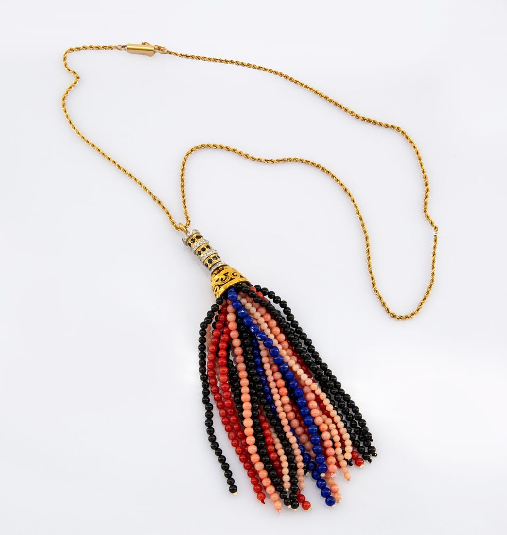 A Lovely Vintage 18K Gold Diamond and Precious Stone Necklace: A Lovely Vintage 18K Gold Diamond and Precious Stone Necklace Consisting of an 18K gold (tested) tassel pendant, containing numerous round brilliant cut diamonds (approx. 0.50Ct in total), together wi