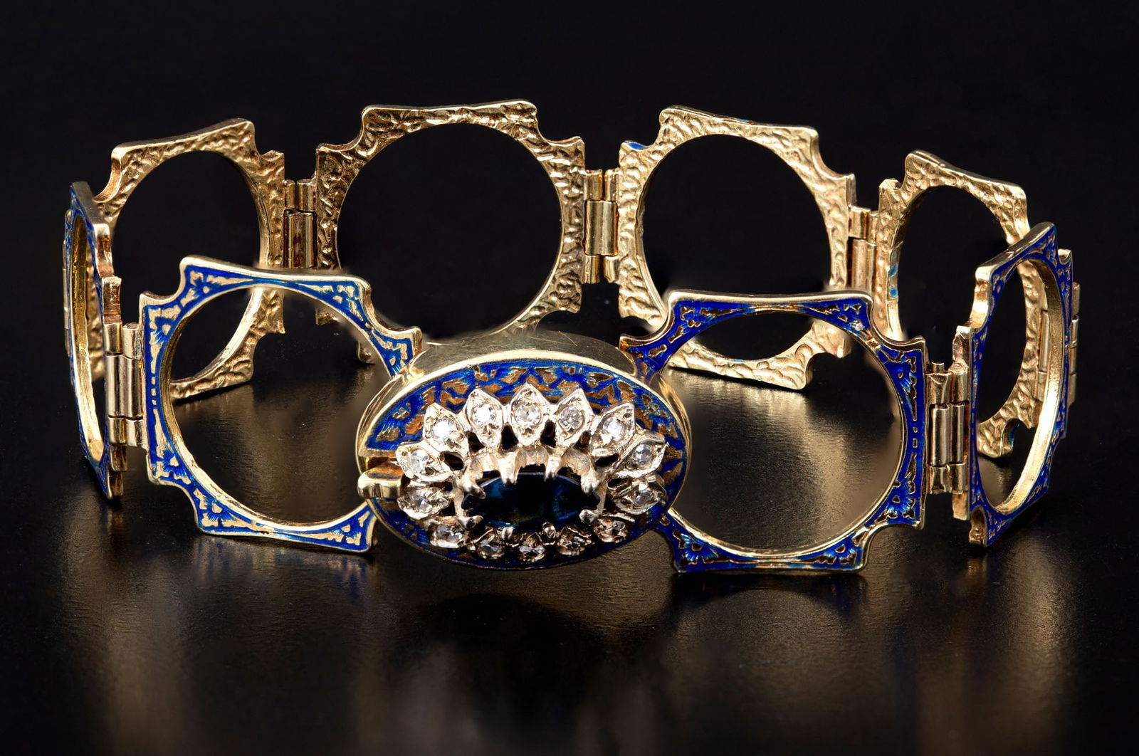 A Stunning 14K Gold Sapphire Diamond and Enamel Foldable Bracelet (1 of 7)