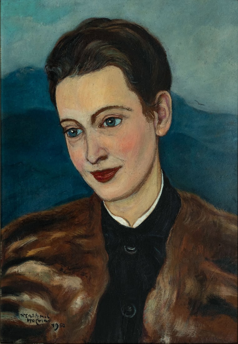 Vlastimil Hofmann (1881-1970), Portrait of a Young Woman: Vlastimil Hofmann (1881-1970), Portrait of a Young Woman Oil on board 1950 Signed and dated 1950 (lower left). 46 x 32 cm Provenance: Private collection, Holon.