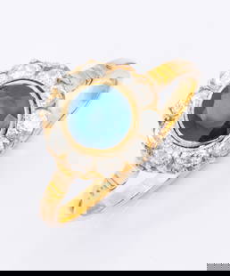 An Antique 14K Yellow Gold Sapphire and Diamond Ring: An Antique 14K Yellow Gold Sapphire and Diamond Ring The crown of floral design, centring a single-cut sapphire surrounded by ten diamonds (approx. 0.3 Ct in total), all set on a slender yellow gold b