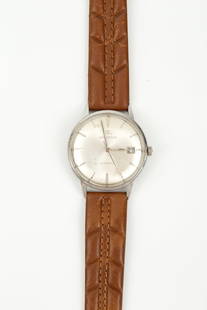 A Jaeger-LeCoultre Stainless Steel Men?s Wristwatch, 1960s: A Jaeger-LeCoultre Stainless Steel Men?s Wristwatch, 1960s  Movement: Automatic   Complication: Date   Case: Round stainless steel   Dial: Silver-tone with hour markers   Band: Brown leather st