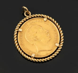 A 14K Gold Pendant Set with a German 1904 20 Mark Gold Coin: A 14K Gold Pendant Set with a German 1904 20 Mark Gold Coin &nbsp;Gold frame (14K); Coin: gold (900 fineness)  Diameter: 22.5?mm   Thickness: 1.0?mm   Weight of coin: 7.965?gr   Pure gold content: ~7.