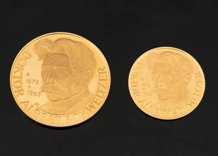 A Lot of Two German 900 Gold Medals Commemorating Dr. Albert Schweitzer: A Lot of Two German 900 Gold Medals Commemorating Dr. Albert Schweitzer  Large medal weight: 10.5?gr   Small medal weight: 3.49?gr      Total weight: 13.99?gr  Condition: For a detailed cond