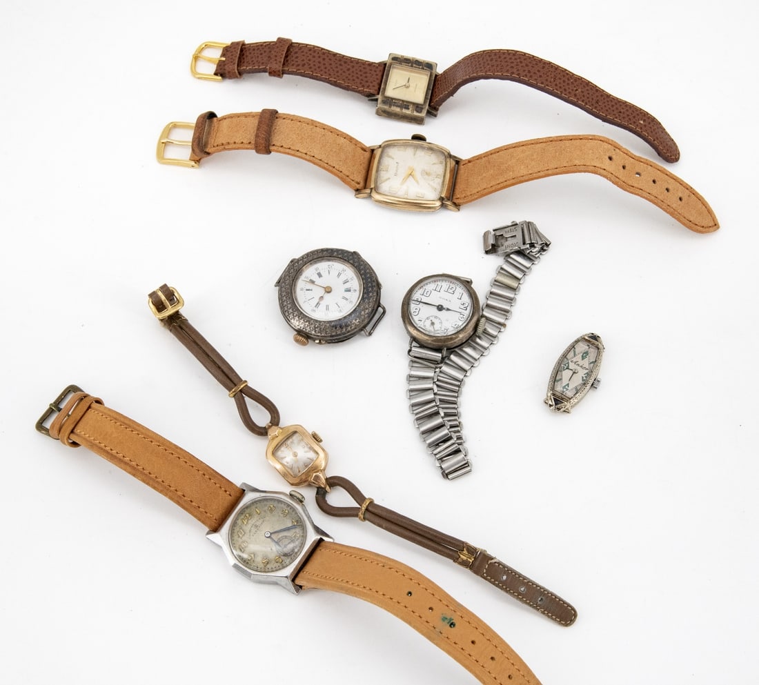 A Group of Seven Vintage Wristwatches, Including a 14K White Gold Watch (1 of 1)