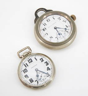 A Lot of Two Hamilton Silver-Plated Pocket Watches: A Lot of Two Hamilton Silver-Plated Pocket Watches  Including:   1. An oversized (Goliath) pocket watch with silver-plated case. Appears to be in working order. Diameter: approx. 58 mm   2. A pocket w