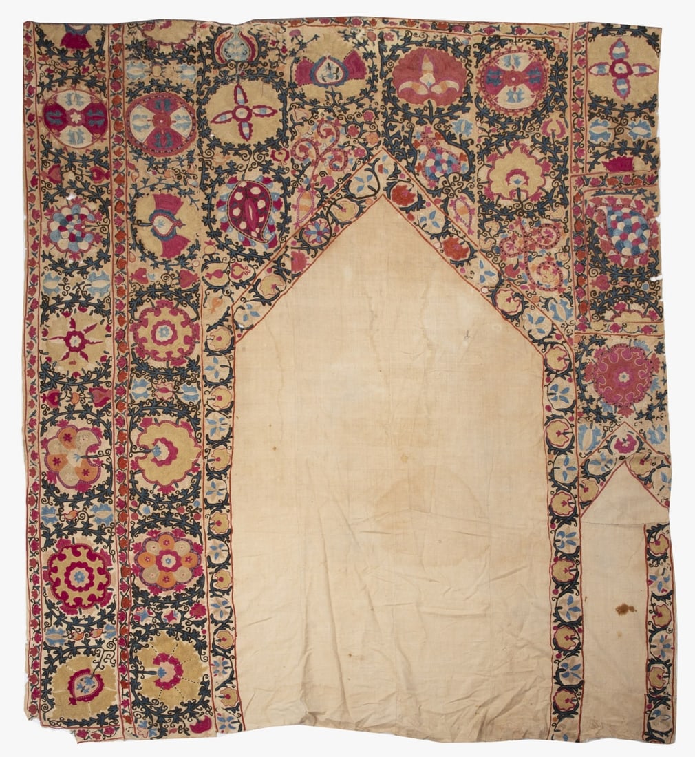 A Fine and Rare Suzani Embroidery, Bukhara, 19th Century: A Fine and Rare Suzani Embroidery, Bukhara, 19th Century Asymmetrical floral pattern around Mirahav. Consistent with age. 170 x 200 cm Condition: For a full condition report, please email