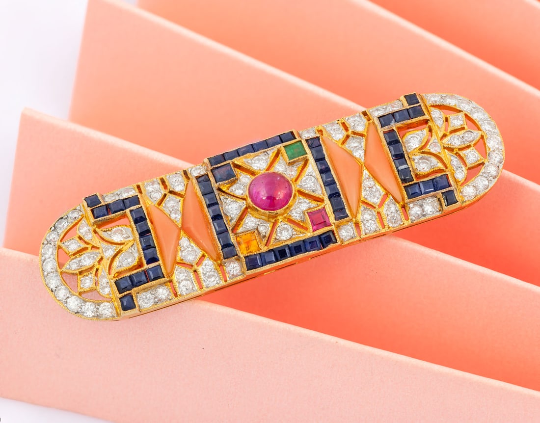 An 18K Yellow Gold Diamond Gemstone and Pink Coral Designer Brooch (1 of 3)