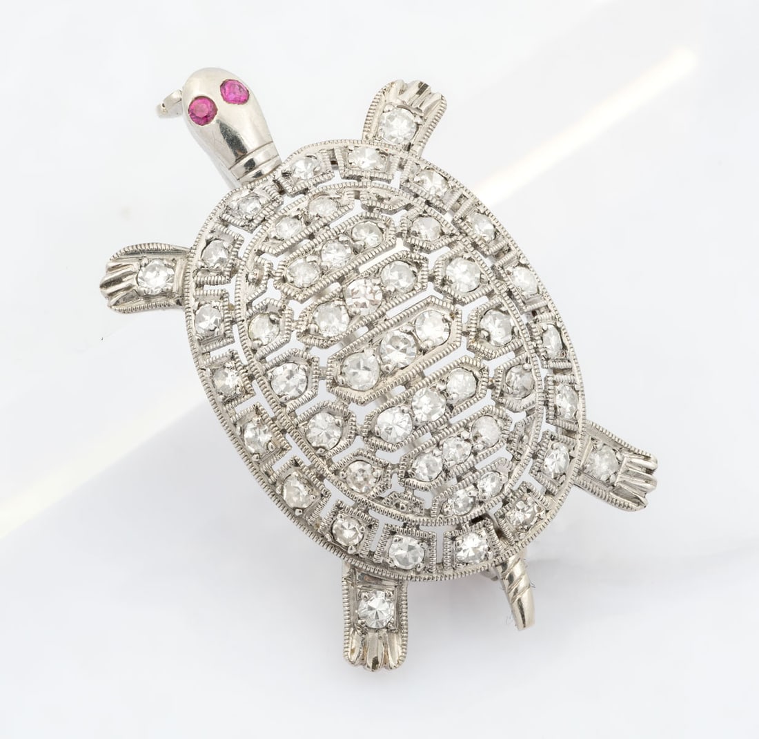 An Art Deco Platinum Diamonds and Rubies Turtle Brooch (1 of 2)