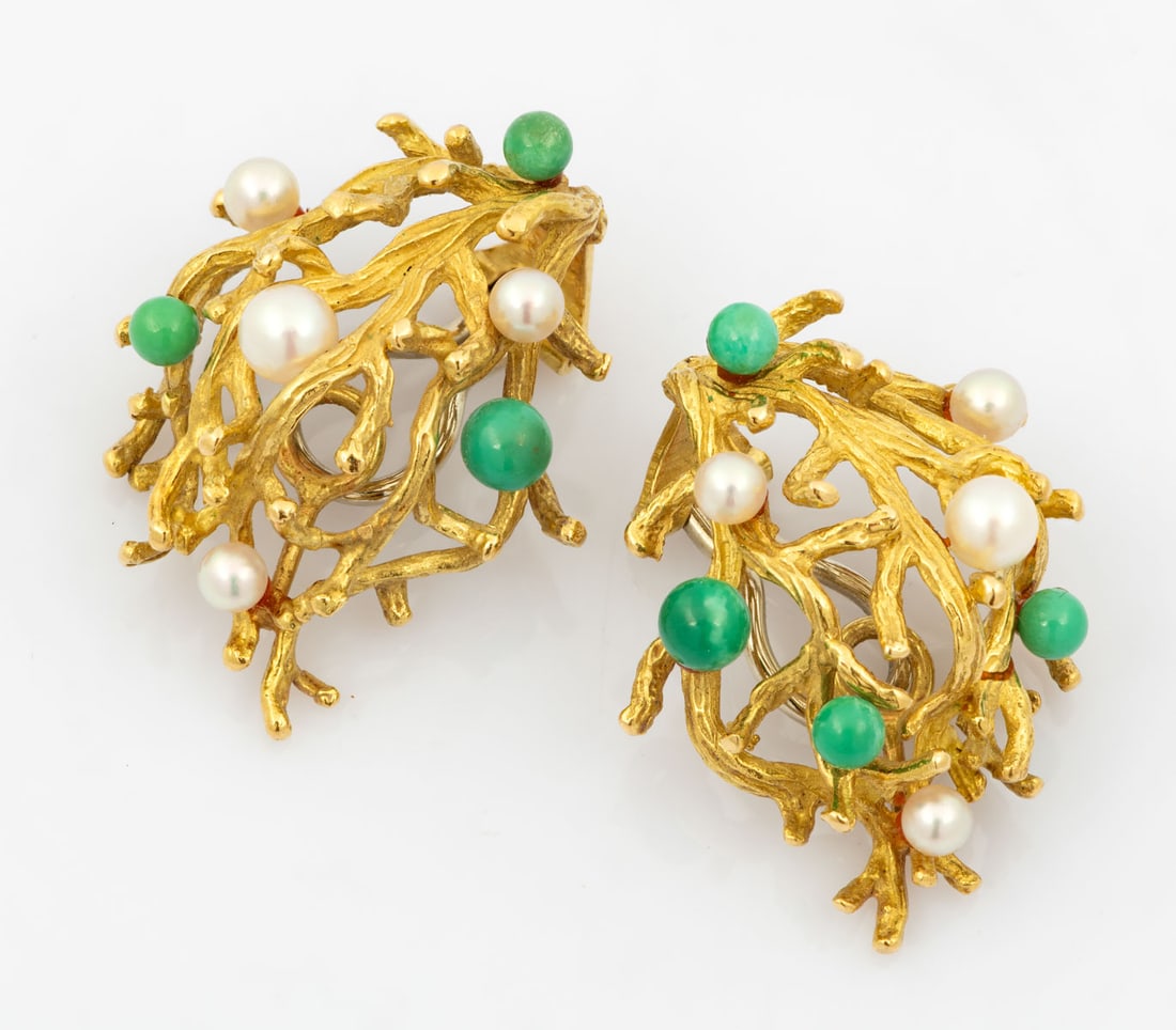 A Pair of 18K Yellow Gold, Turquoise and Pearl Clip Earrings (1 of 4)