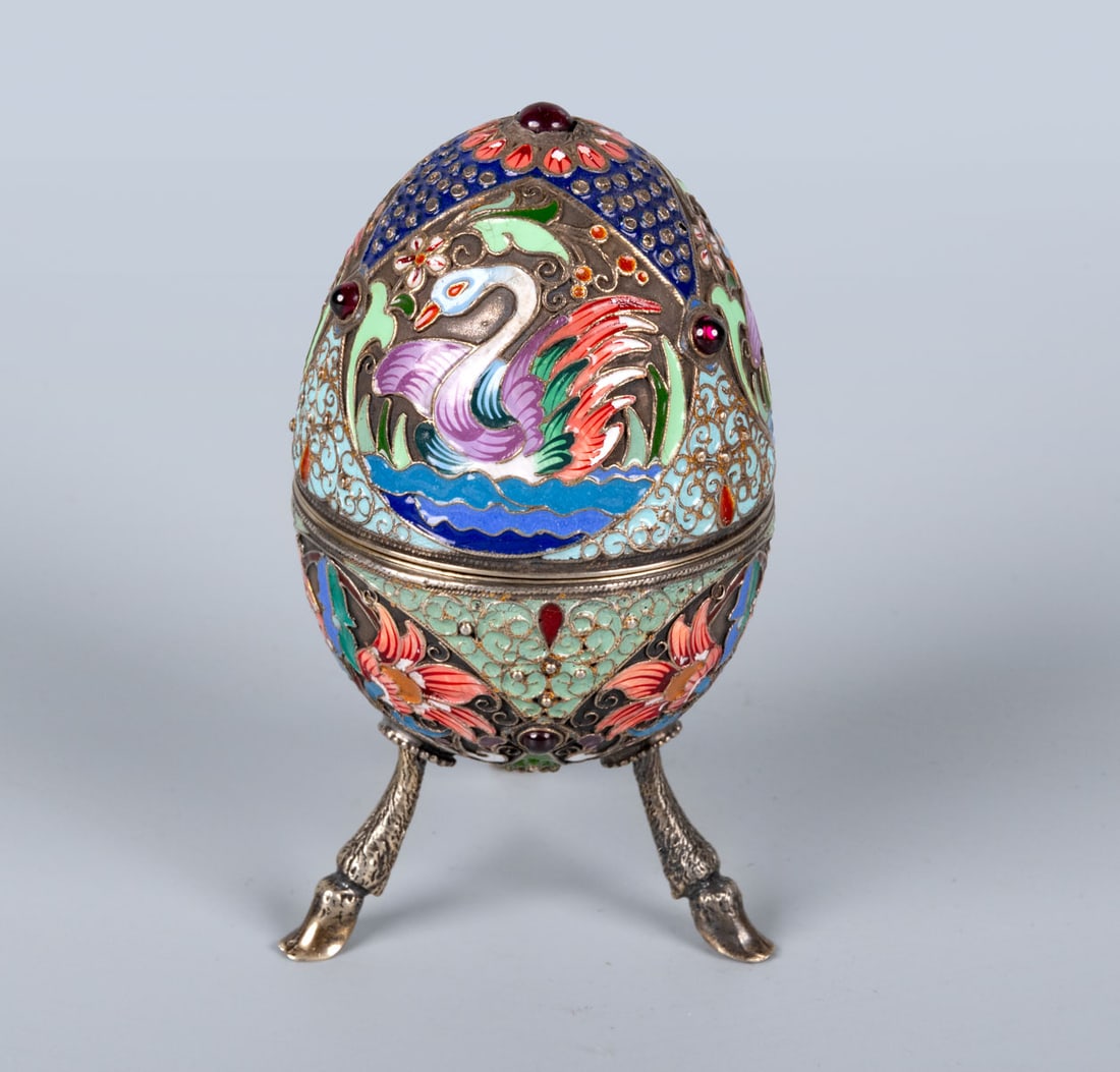 A Parcel-Gilt Silver and Cloisonne Enamel Egg-Form Box, Russia (1 of 5)