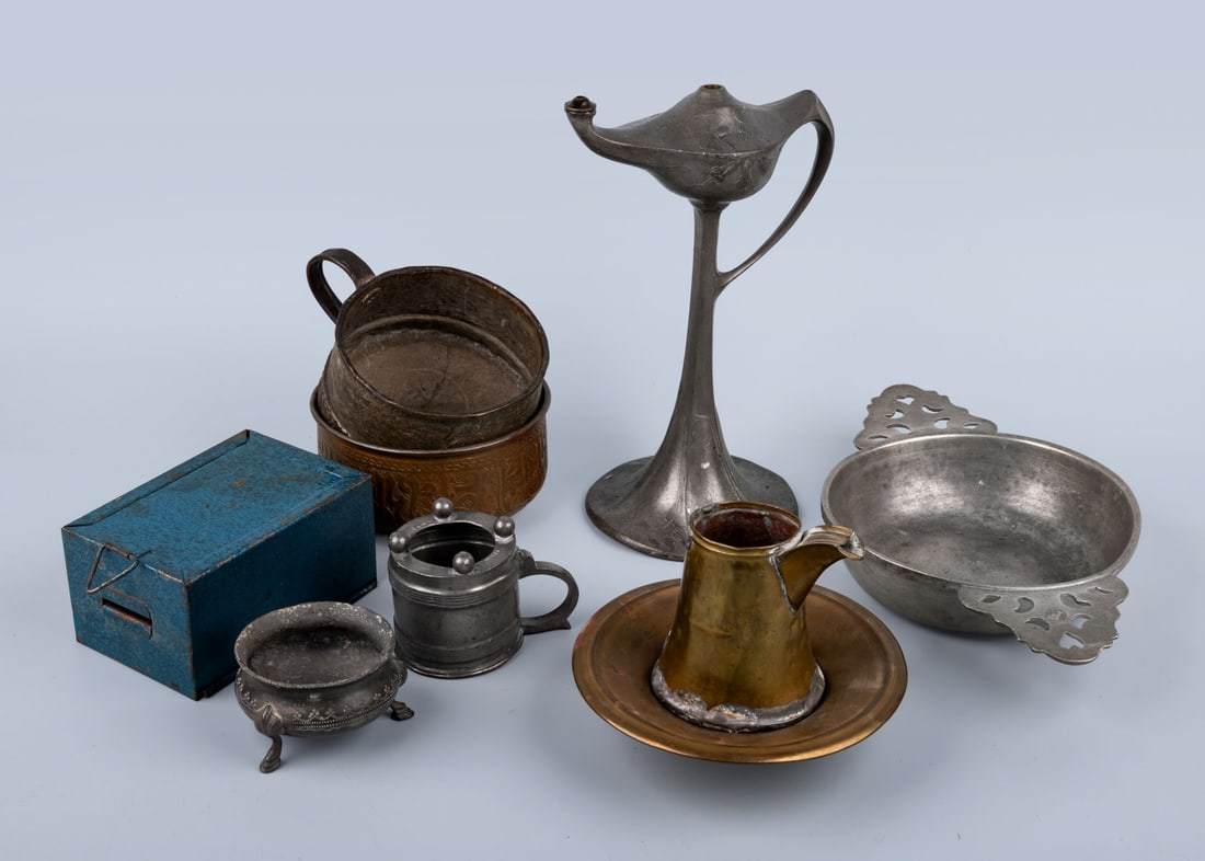 A Mixed Lot of Antique Metal Vessels, Copper, Brass, Iron and Other Metals: A Mixed Lot of Antique Metal Vessels, Copper, Brass, Iron and Other Metals Including bowls, plates, jugs, candlesticks, salt shakers and cups (and more) A stylistic range from Islamic lands to Euro