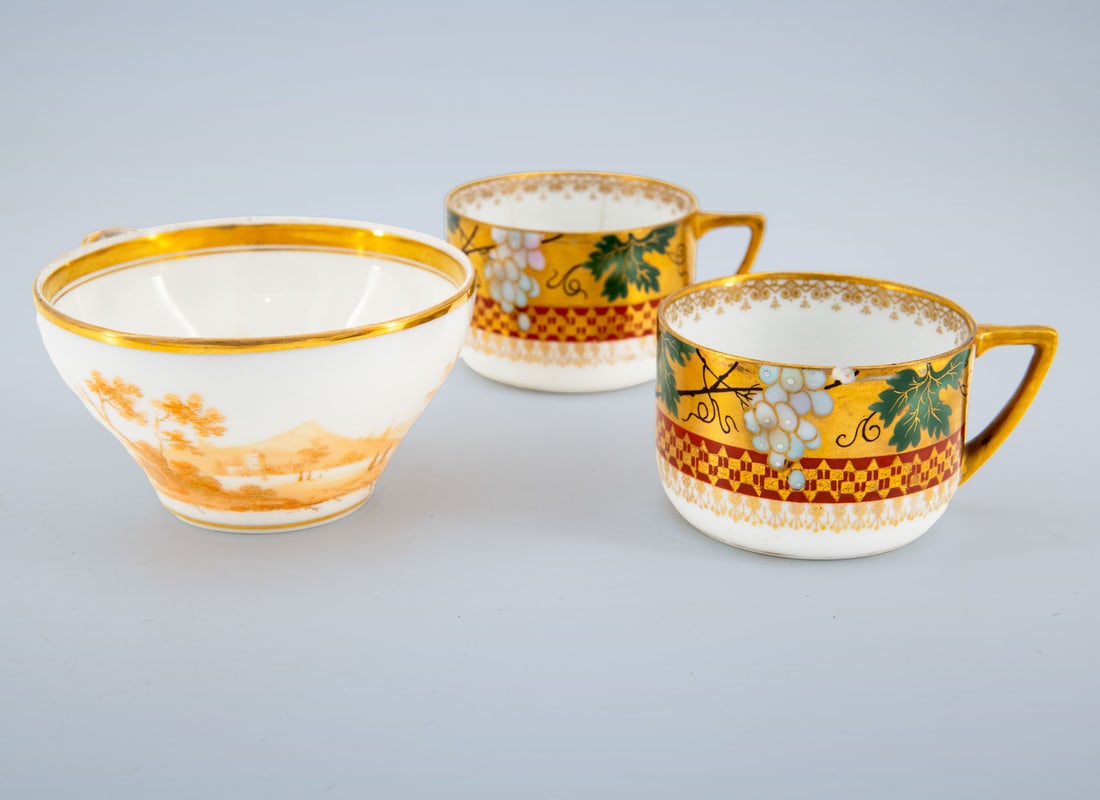 A Group of Porcelain Cups, Gardner and Kuznetsov, Russia, Late 19th Century: A Group of Porcelain Cups, Gardner and Kuznetsov, Russia, Late 19th Century A fine assortment comprising: 1. A tea cup decorated with a rural landscape scene and gilt highlights, marked Gardner (wi
