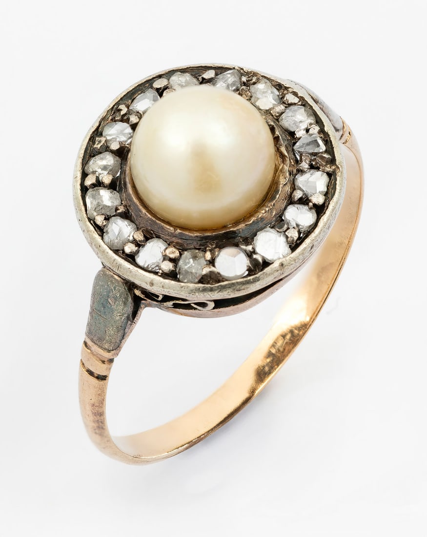 A 14K Gold and Silver top Pearl and Diamond Edwardian Ring (1 of 4)