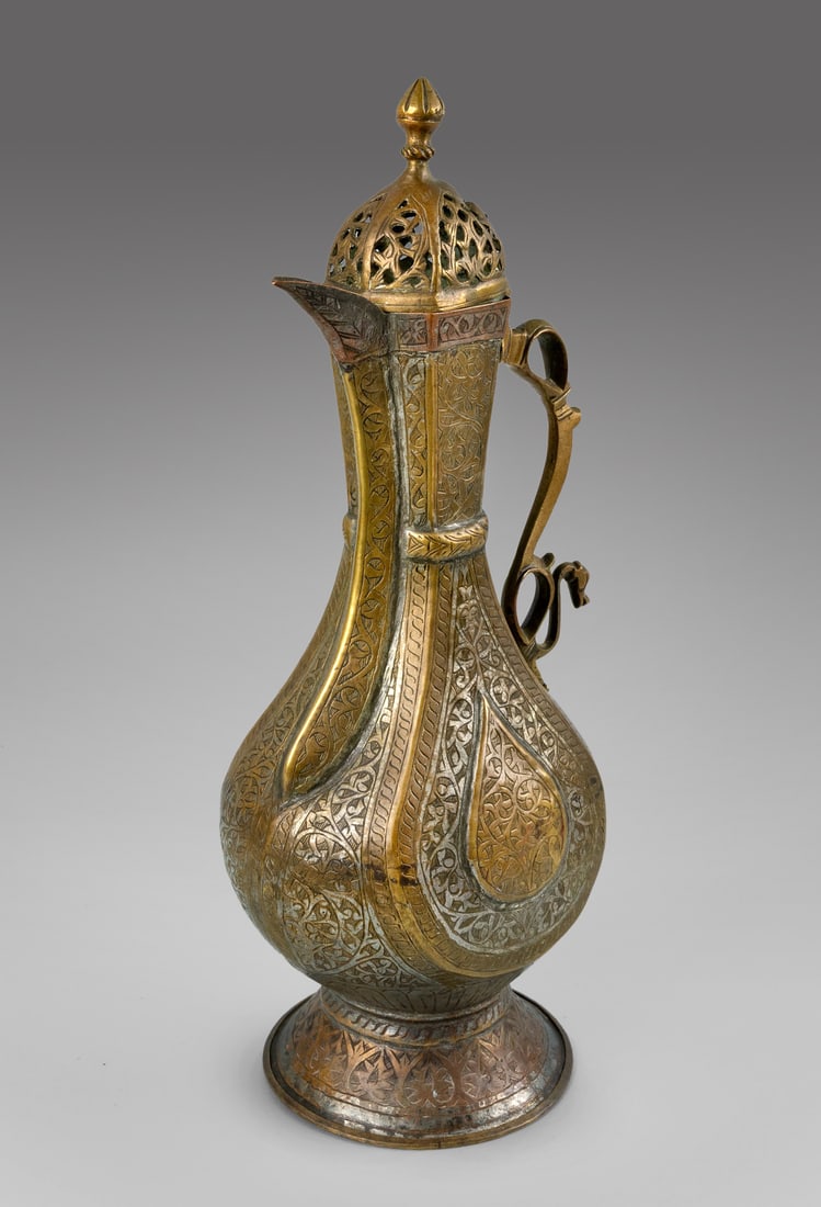 A Brass Silver Copper Turquoise and Niello Inlay Aftabeh Ewer, Bukhara 19th Century (1 of 4)