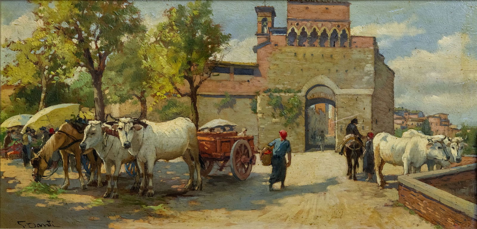 Gino Danti (1881-1968), At the City Gates: Gino Danti (1881-1968), At the City Gates Oil on wood panel Signed (lower left). 40 x 19 cm