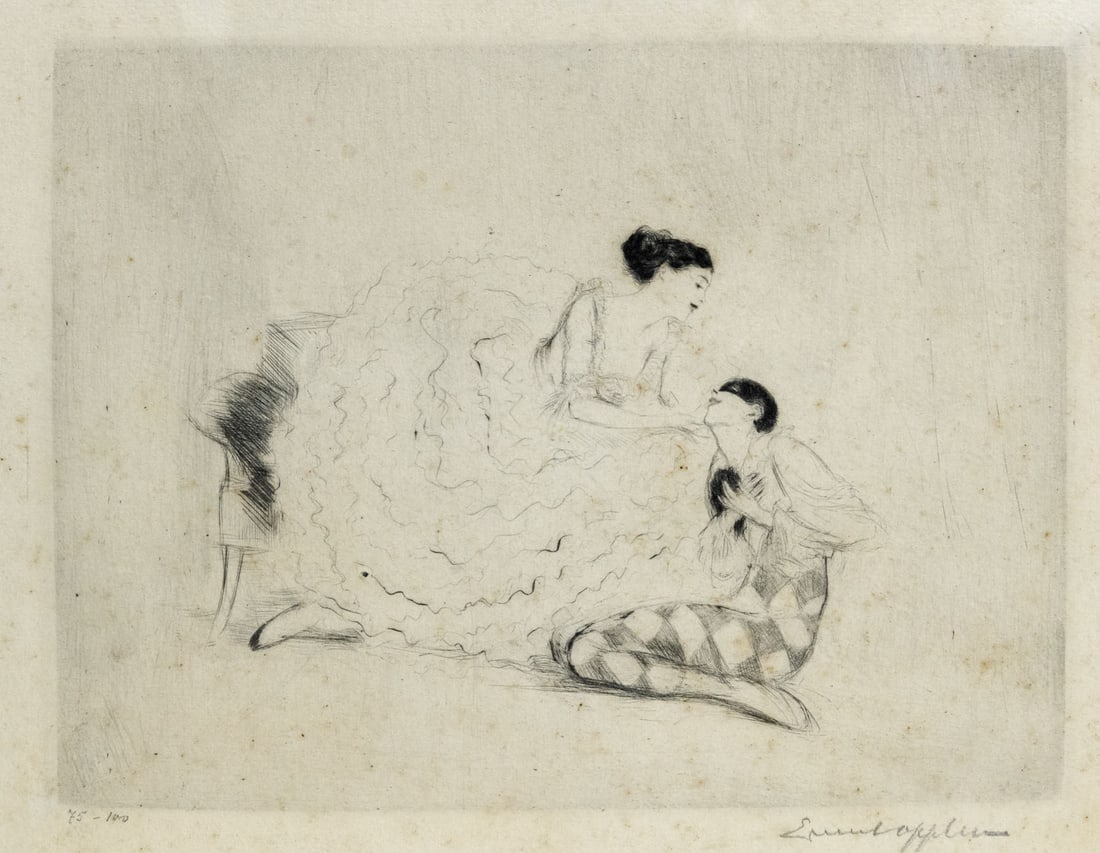 Ernst Oppler (1867-1929), Pierrot und Tanzerin: Ernst Oppler (1867-1929), Pierrot und Tanzerin Drypoint etching ca 1920 Signed (lower right), numbered 75/100 (lower left