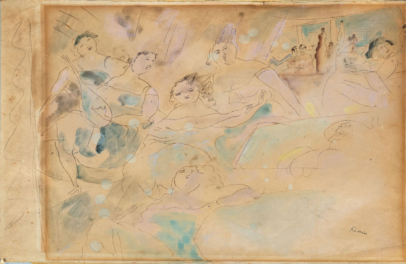 Jules Pascin (1885-1930), At the Caffe: Jules Pascin (1885-1930), At the Caffe Pencil and watercolor on paper Stamped by the estate twice (lower right).