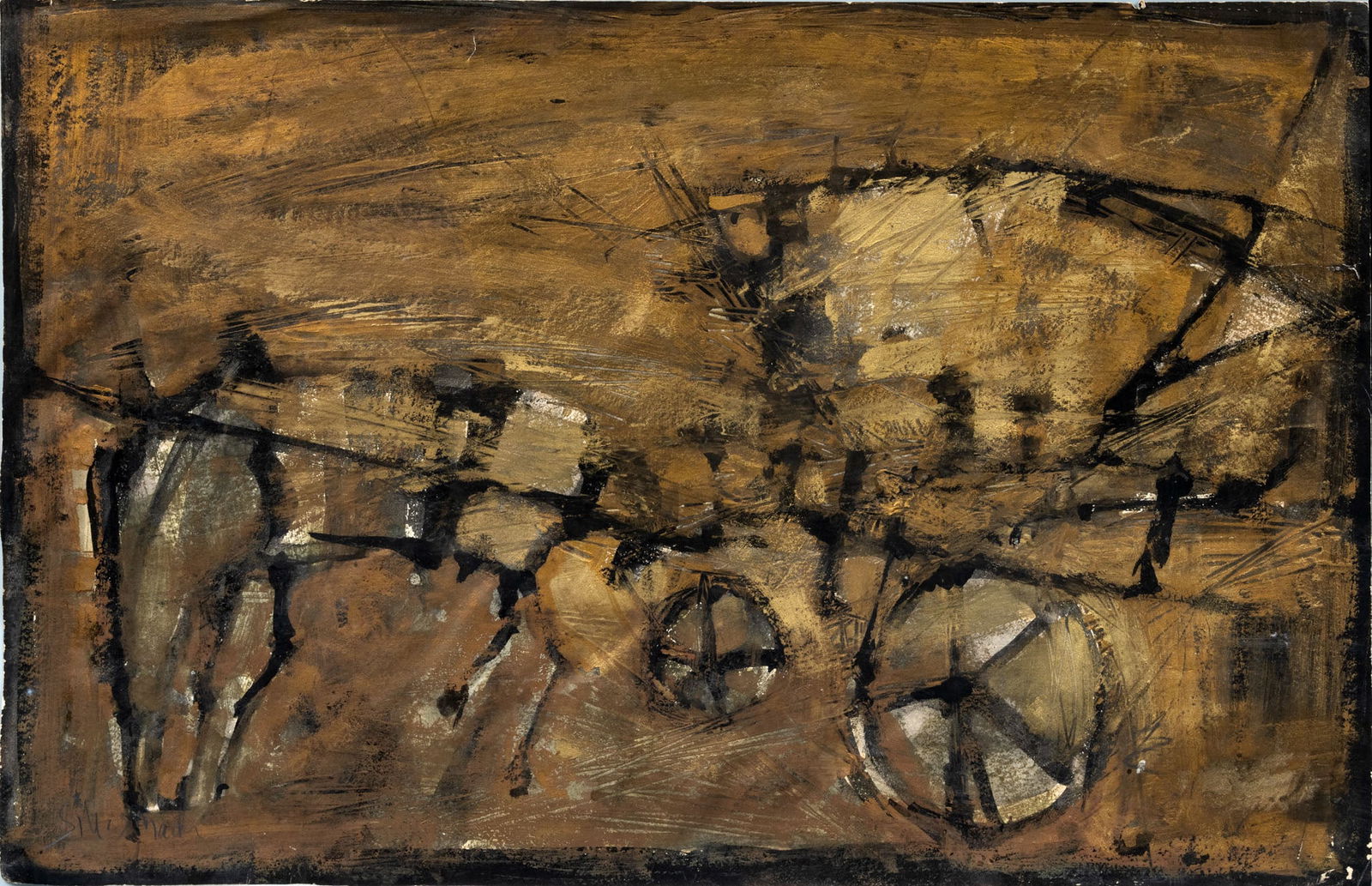 Emil Schumacher (1912-1999), Horse Strung Carriage: Emil Schumacher (1912-1999), Horse Strung Carriage Mixed media with gold on paper 1967 Signed in pencil (lower left), signed again and dated 67 and dedicated to Bella Brisel (on the reverse). <