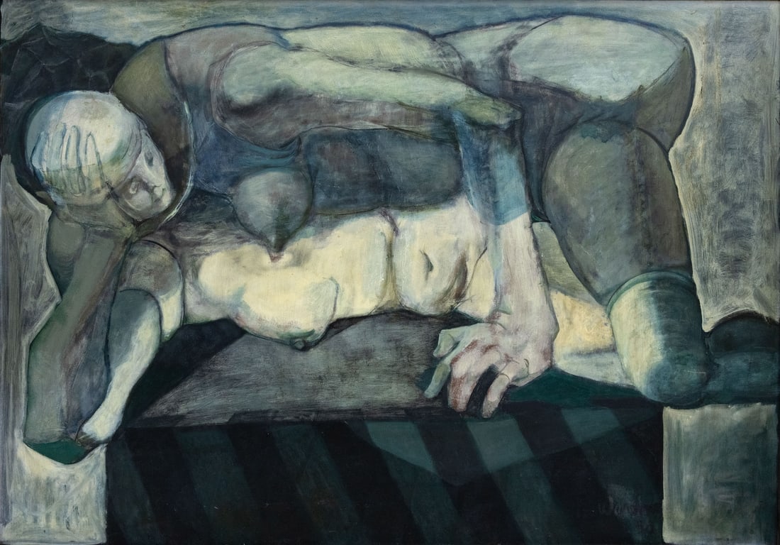 Howard Warshaw (1920-1977), Reclining Nude: Howard Warshaw (1920-1977), Reclining Nude Oil on board 1950 Signed and dated 50 (lower right). 76 x 108 cm Condition: For a detailed condition report,