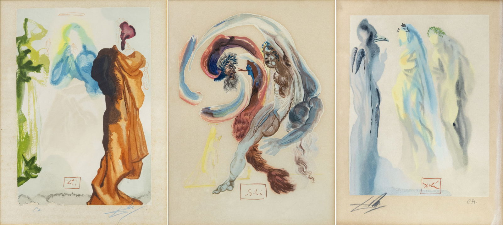 Salvador Dali (1904-1989), Divine Comedy - Three Lithographs from the Portfolio: Salvador Dali (1904-1989), Divine Comedy - Three Lithographs from the Portfolio Color woodcut on paper 19641. Canto 18 - Purgatory: Signed in pencil (lower right - signature faded). 2. Canto&nb