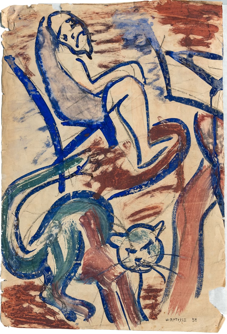 Attrib. Henri Matisse (1869-1954), Figure and Cat: Attrib. Henri Matisse (1869-1954), Figure and Cat Oil on paper 1952 Signed and dated 52 (lower right). 54 x 38 cm Provenance: Estate of Bella Brisel.