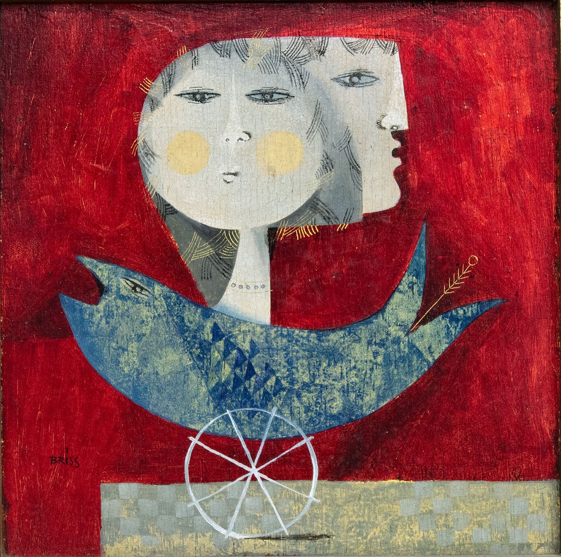 Sami Briss (Romanian-Israeli, b. 1930), Figures and a Blue Fish: Sami Briss (Romanian-Israeli, b. 1930), Figures and a Blue Fish Mixed media on wooden panelSigned (lower left).20 x 20 cmCondition: For a detailed condition report, please contact us at office@alma.au