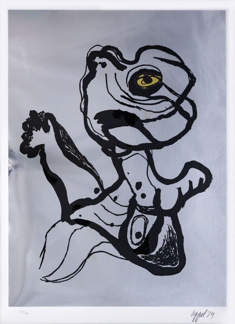 Karel Appel (1921-2006), Woman with a Golden Eye -from the Suite Happy Meeting: Karel Appel (1921-2006), Woman with a Golden Eye -from the Suite Happy Meeting Lithograph in black on gold and silver foils mounted to paper 1974 Signed and dated 74 in pencil (lower right) and numb