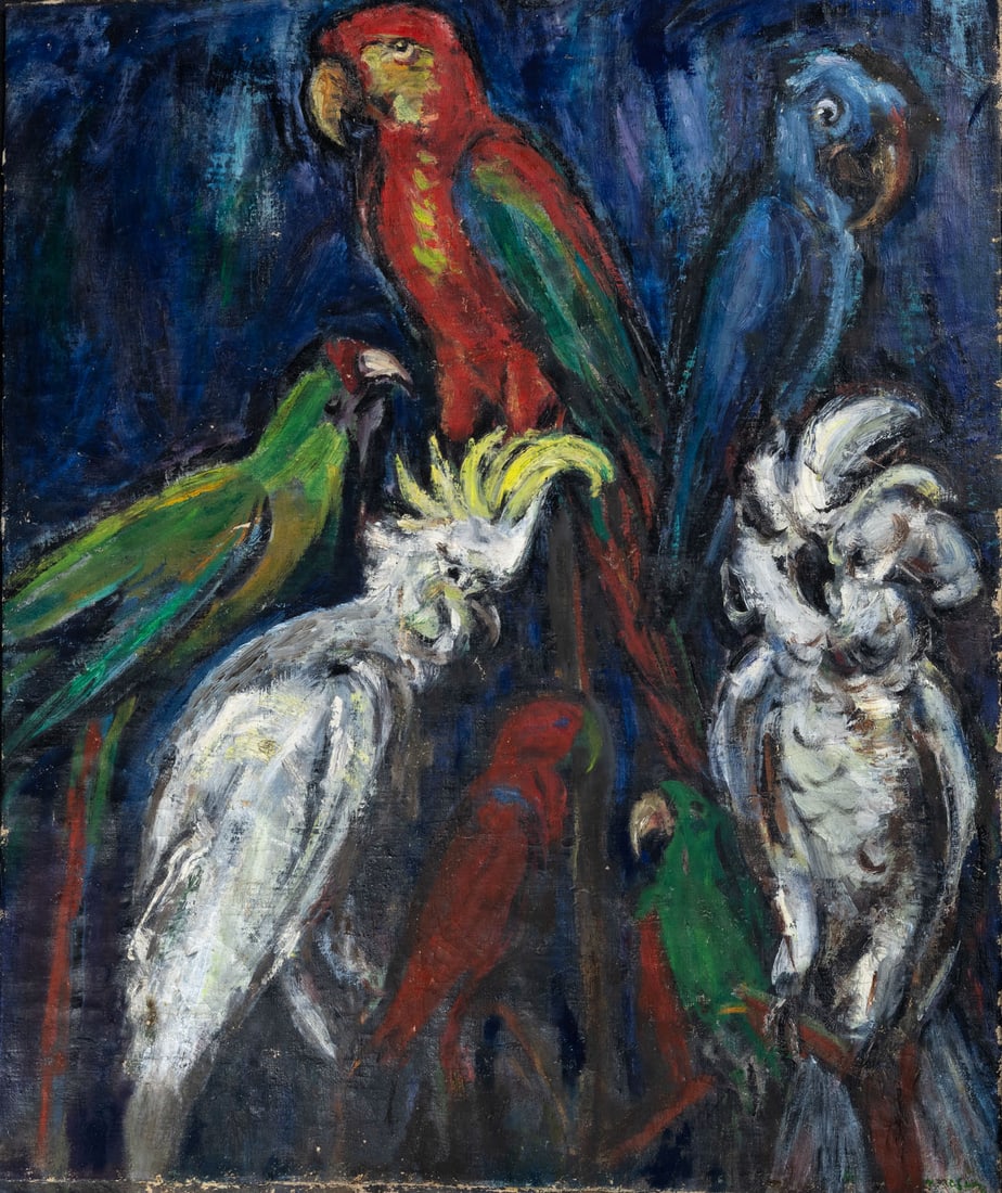 Unidentified Romanian Artis, Parrots: Unidentified Romanian Artis, Parrots Oil on canvas ca 1920 Signed and illegibly dated (lower right). Provenance: Brou