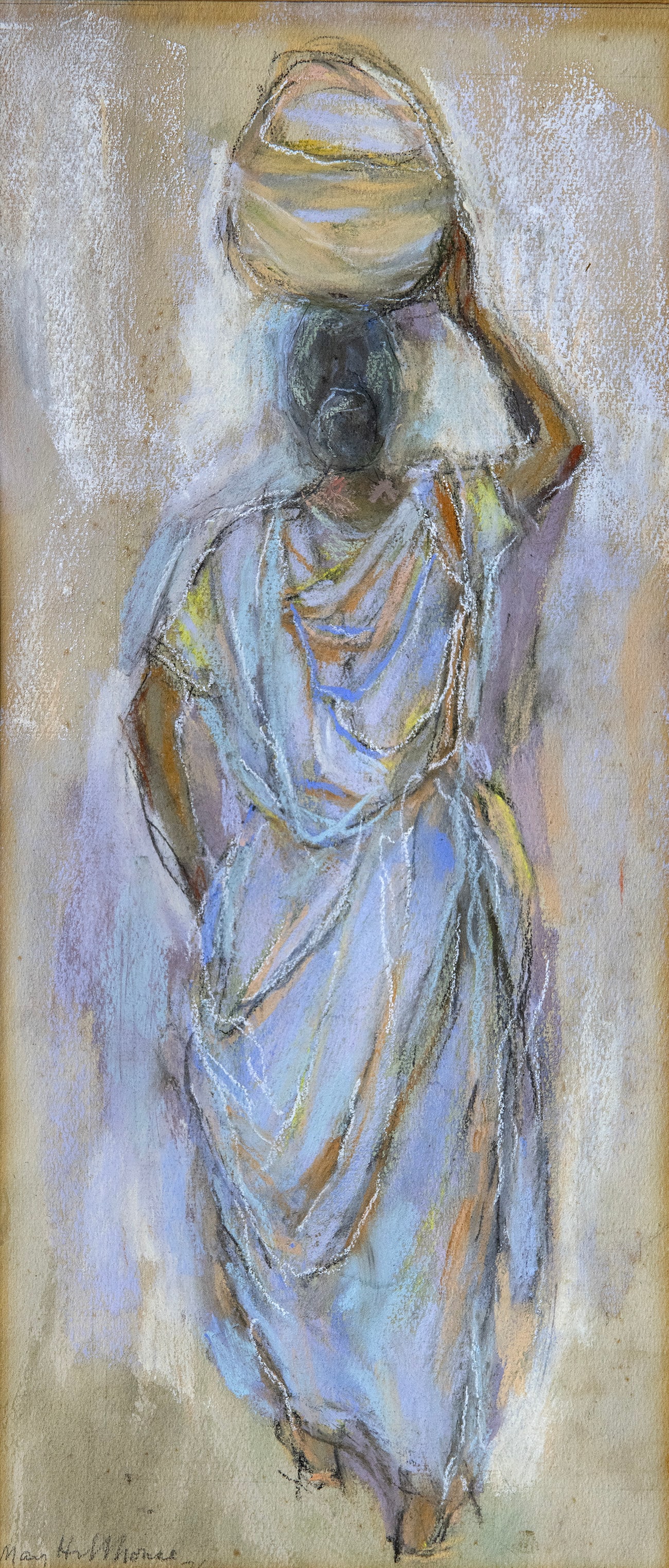 May Hillhouse (1908–1989), Woman and Jug: Chalk on paper Signed and dated (lower left), 1976. 20 × 46 cm Condition: For a full condition report, please email us at office@alma.auction .