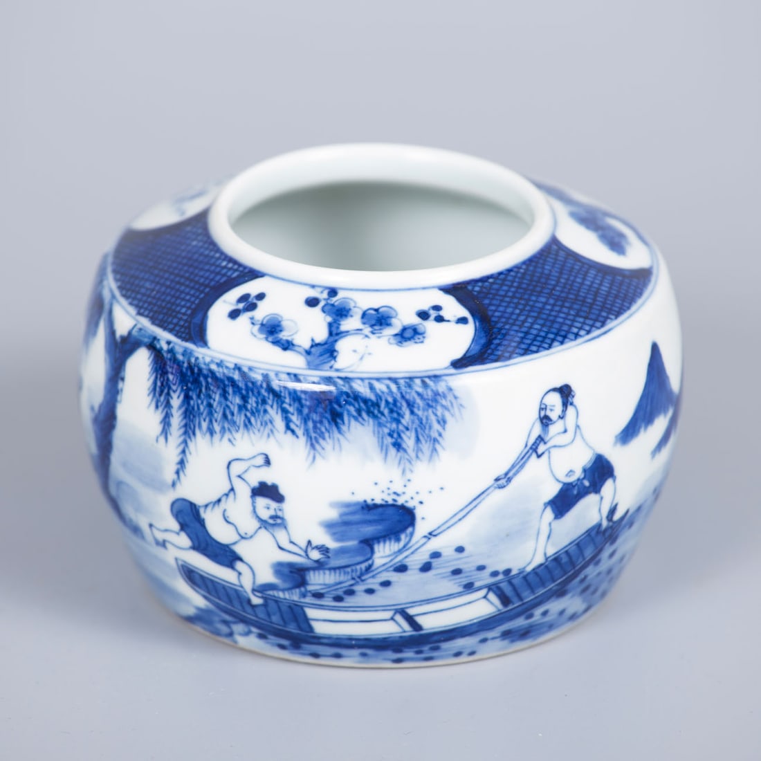 A Small Blue and White Porcelain Jar, China, Qing Dynasty (1644â€“1912): A Small Blue and White Porcelain Jar, China, Qing Dynasty (1644â€“1912) Hand-painted with landscape scenes and figures alongside traditional mountain and cloud motifs. The rim decorated with m