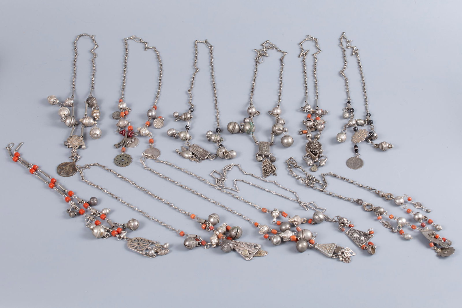 A Lot of 11 Silver and Beads Necklaces, Yemen, Early 20th Century (1 of 4)
