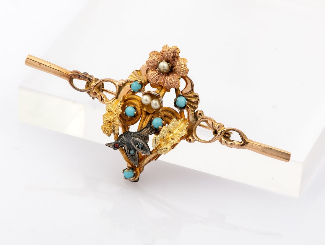 A Victorian 9K Gold Silver Turquoise and Pearl Brooch, 19th Century (1 of 2)