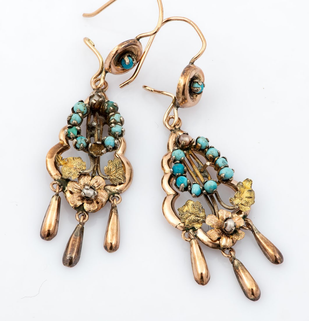 A Pair of Victorian 9K Gold Turquoise and Pearl Earrings, 19th Century: A Pair of Victorian 9K Gold Turquoise and Pearl Earrings, 19th CenturyDecorated with loral motifs , and set with turquoise and pearls. Signs of age-related wear and losses, including visible tin repai