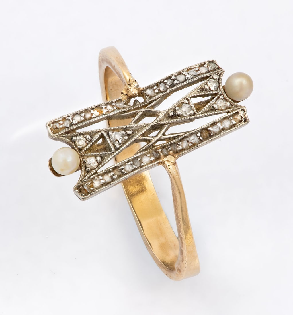 An Art Deco Style 14K Gold, Platinum Diamond and Pearl Ring (1 of 4)
