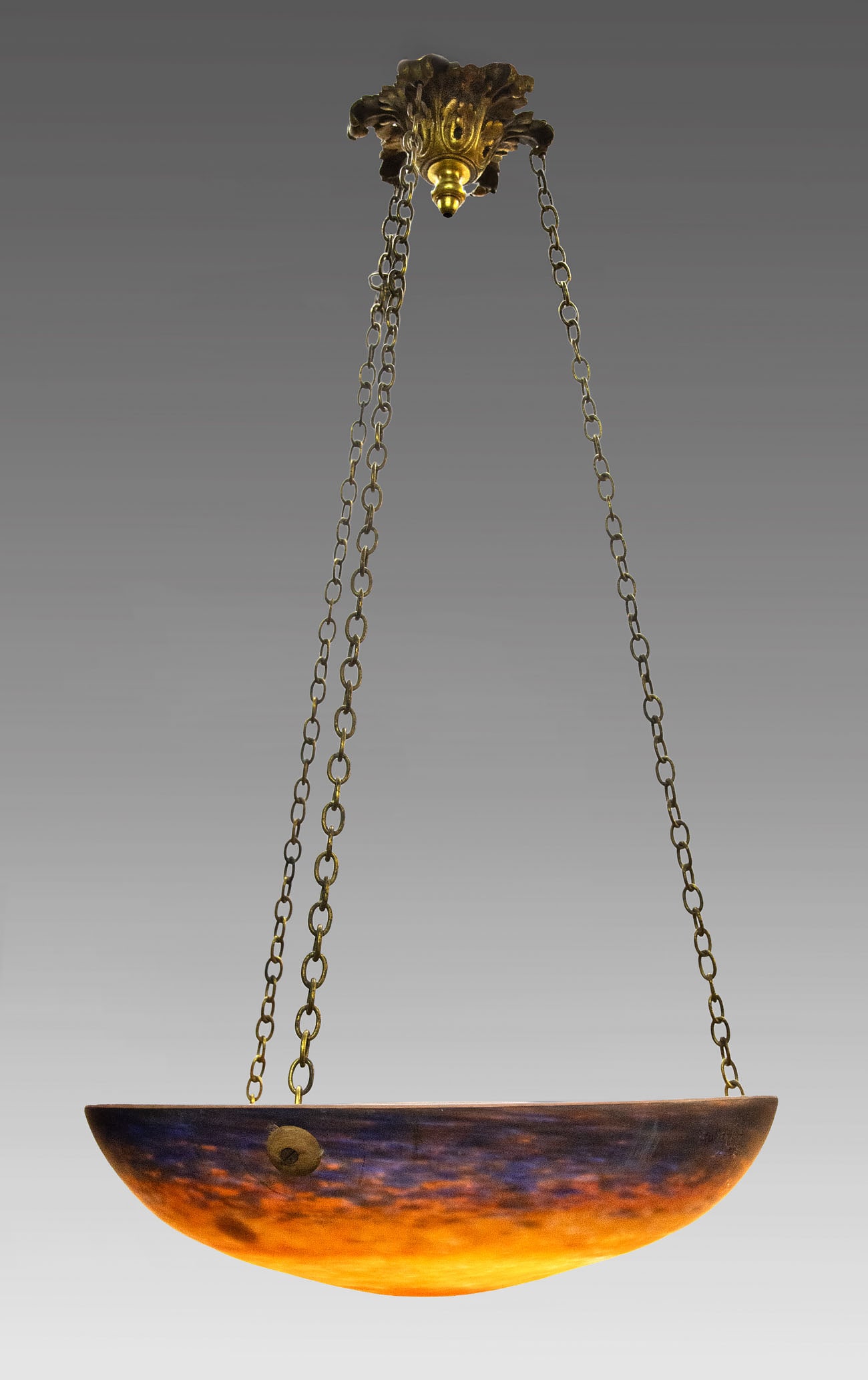 An Art Deco Muller Freres Etched Mottled Glass Hanging Lamp, France, Early 20th Century (1 of 2)