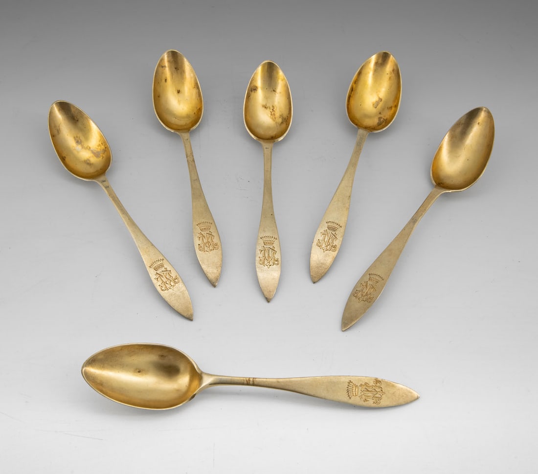 A Set of Six Parcel Gilt Silver Spoons, Poland, 1845 (1 of 3)