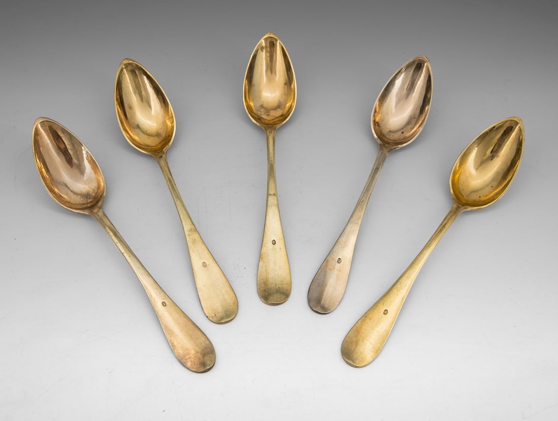 A Set of Five Schott Parcel Gilt Silver Spoons, Germany, Late 18th Century (1 of 3)