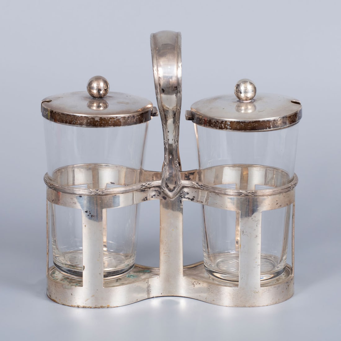 A Silver and Cut Crystal Cruet Set, Austro Hungary, Late 19th-Early 20th Century: A Silver and Cut Crystal Cruet Set, Austro Hungary, Late 19th-Early 20th Century