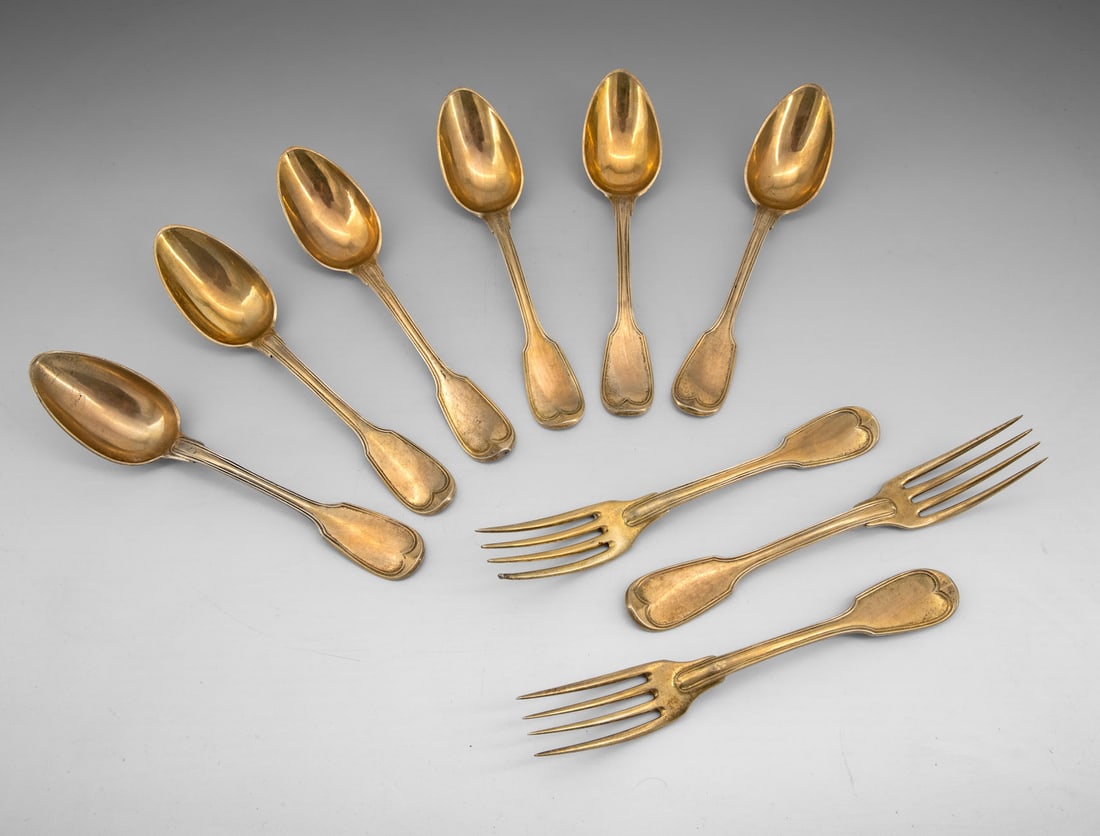 A Group of Gilt Silver Flatware, France, Late 18th-Early 19th Century: A Group of Gilt Silver Flatware, France, Late 18th-Early 19th Century