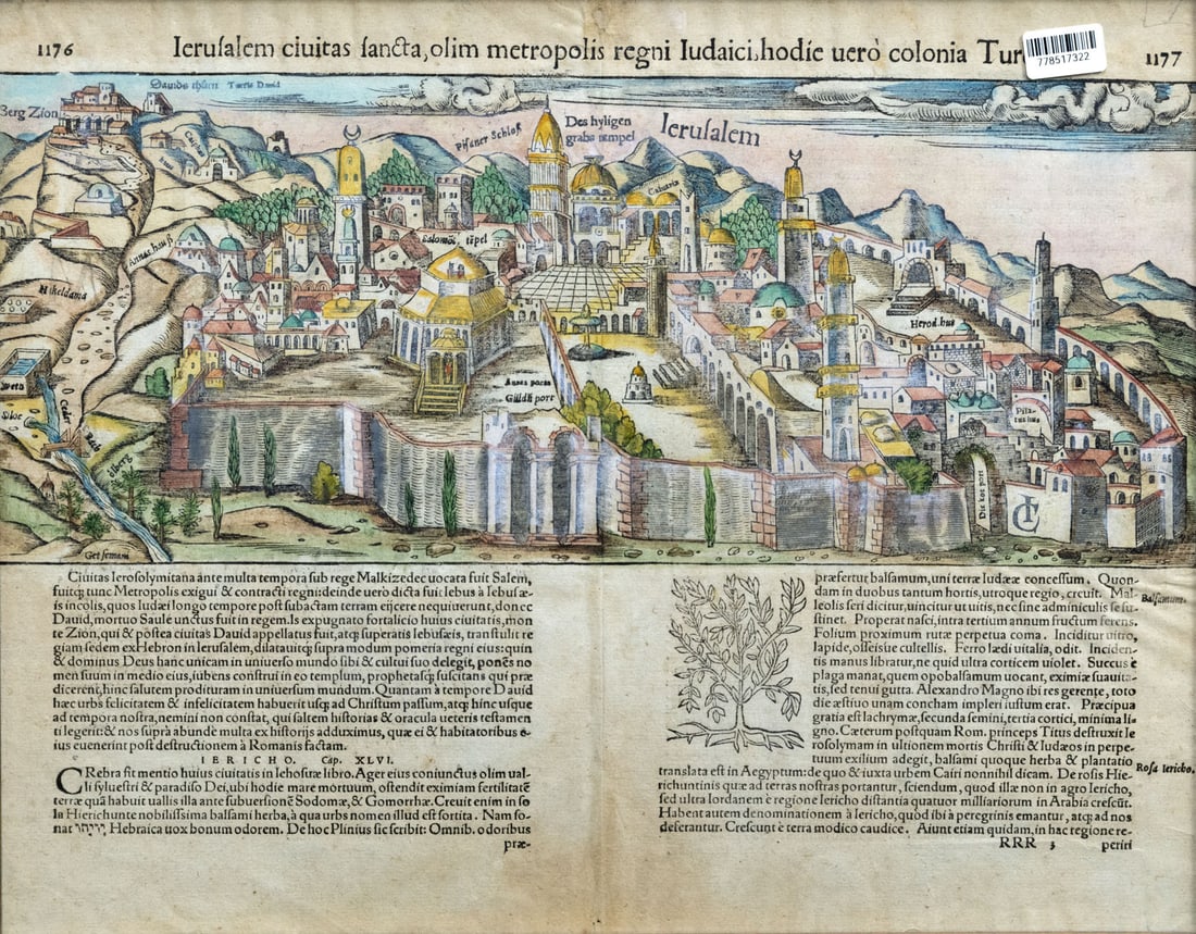 Sebastian Munster (1488-1552), a Hand-Colored Map of Jerusalem, Germany, 1544: Sebastian Munster (1488-1552), a Hand-Colored Map of Jerusalem, Germany, 1544