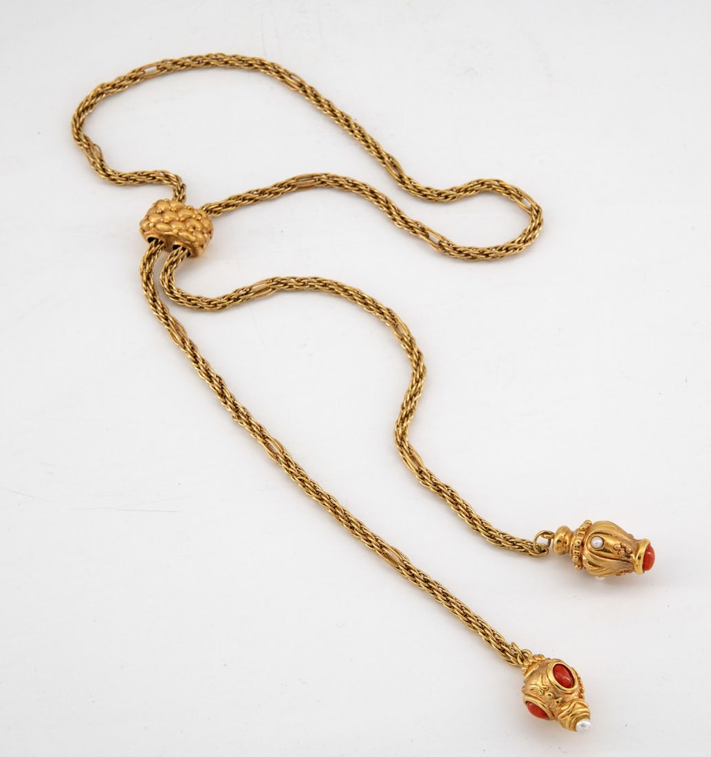 A Fine 18K Yellow Gold Coral and Pearl Slider Necklace (1 of 5)