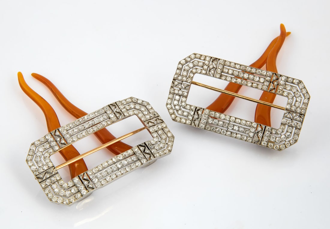 A Pair of Impressive and Rare Art Deco Platinum Rose Gold Diamond Hair Pins, France, 1920s (1 of 9)