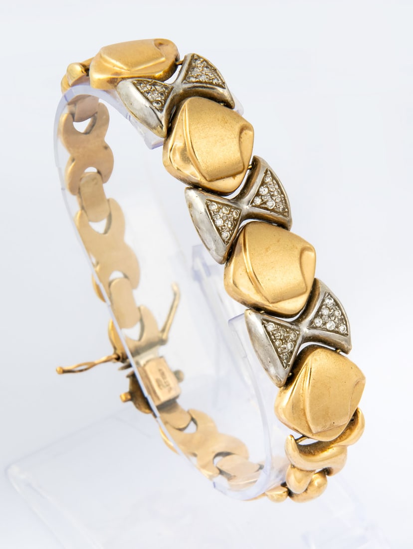 A Retro 14K Two Tone Gold and Colorless Stone Bracelet (1 of 3)
