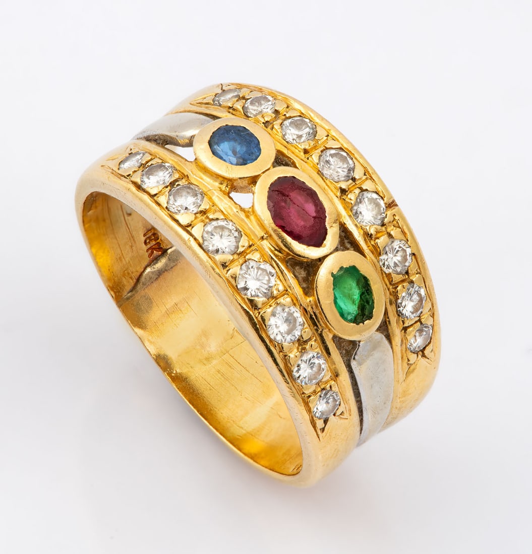 A 18K Yellow Gold Emerald Ruby Sapphire and Diamond Ring (1 of 5)