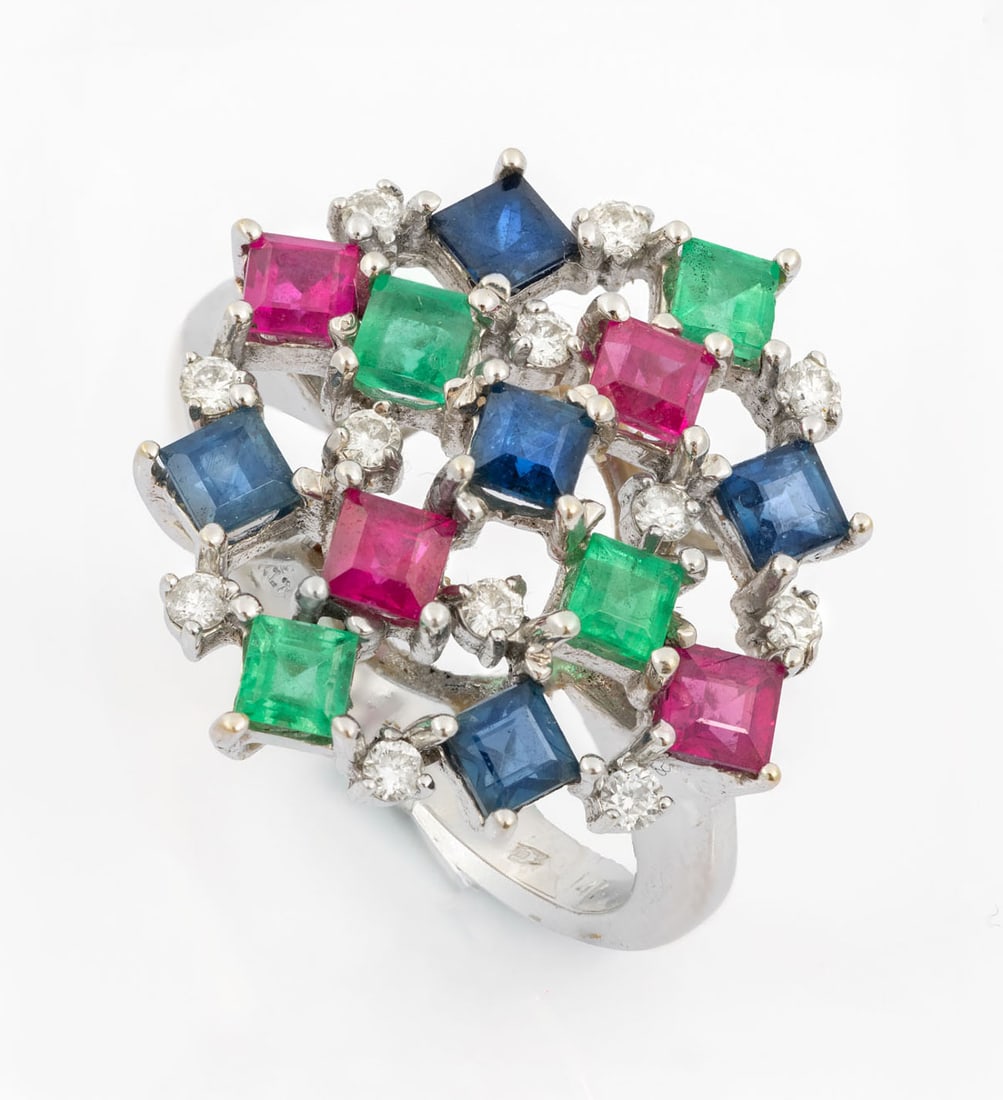 A Fine 14K White Gold Diamond Emerald Ruby and Sapphire Tutti Frutti Ring (1 of 4)