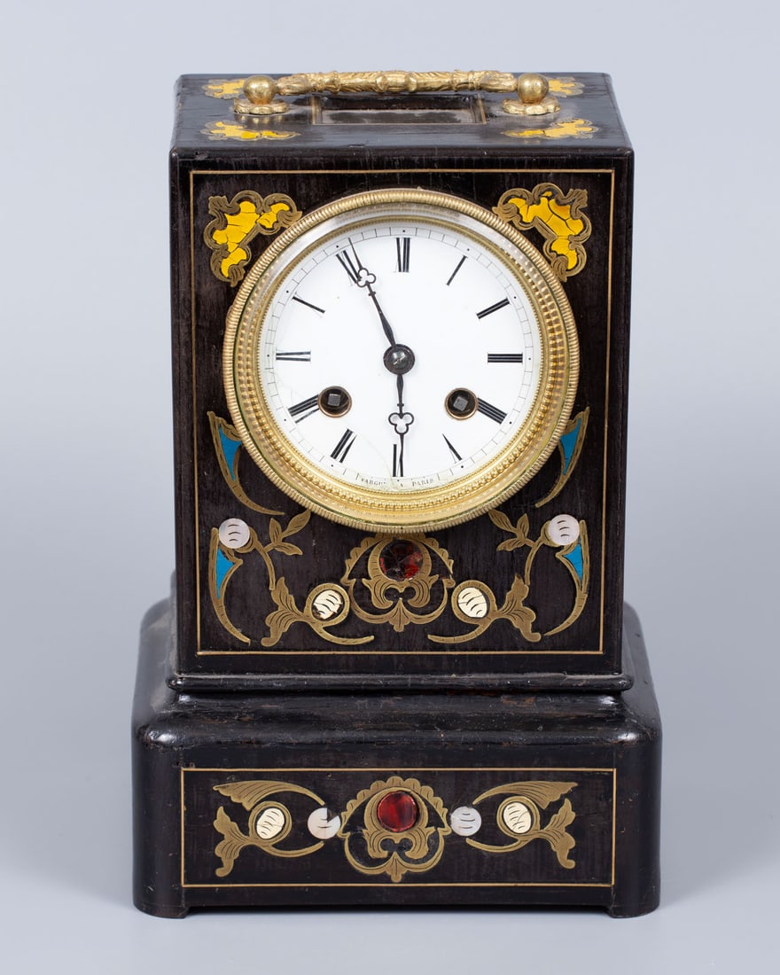 A Vargues Paris Ormolu Marquetry Wood, Mother of Pearl and Turquoise Carriage Clock, France, First: A Vargues Paris Ormolu Marquetry Wood, Mother of Pearl and Turquoise Carriage Clock, France, First Half 19th Century In a rectangular black painted wood case decorated with marquetry and cut brass of