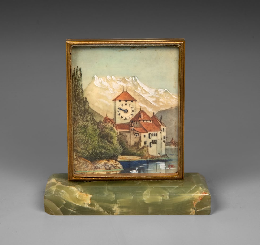 Miniature Table Clock with Painted Landscape, Europe (1 of 2)